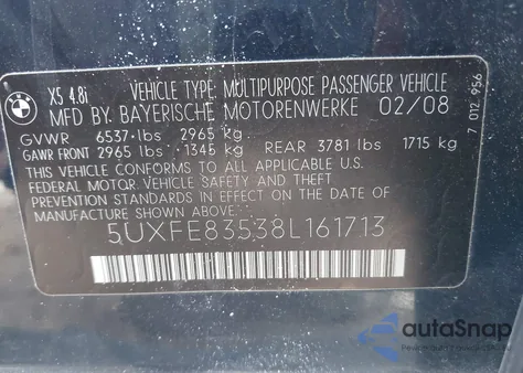 2008 BMW X5 4.8I из США, поврежденный, VIN 5UXFE83538L161713